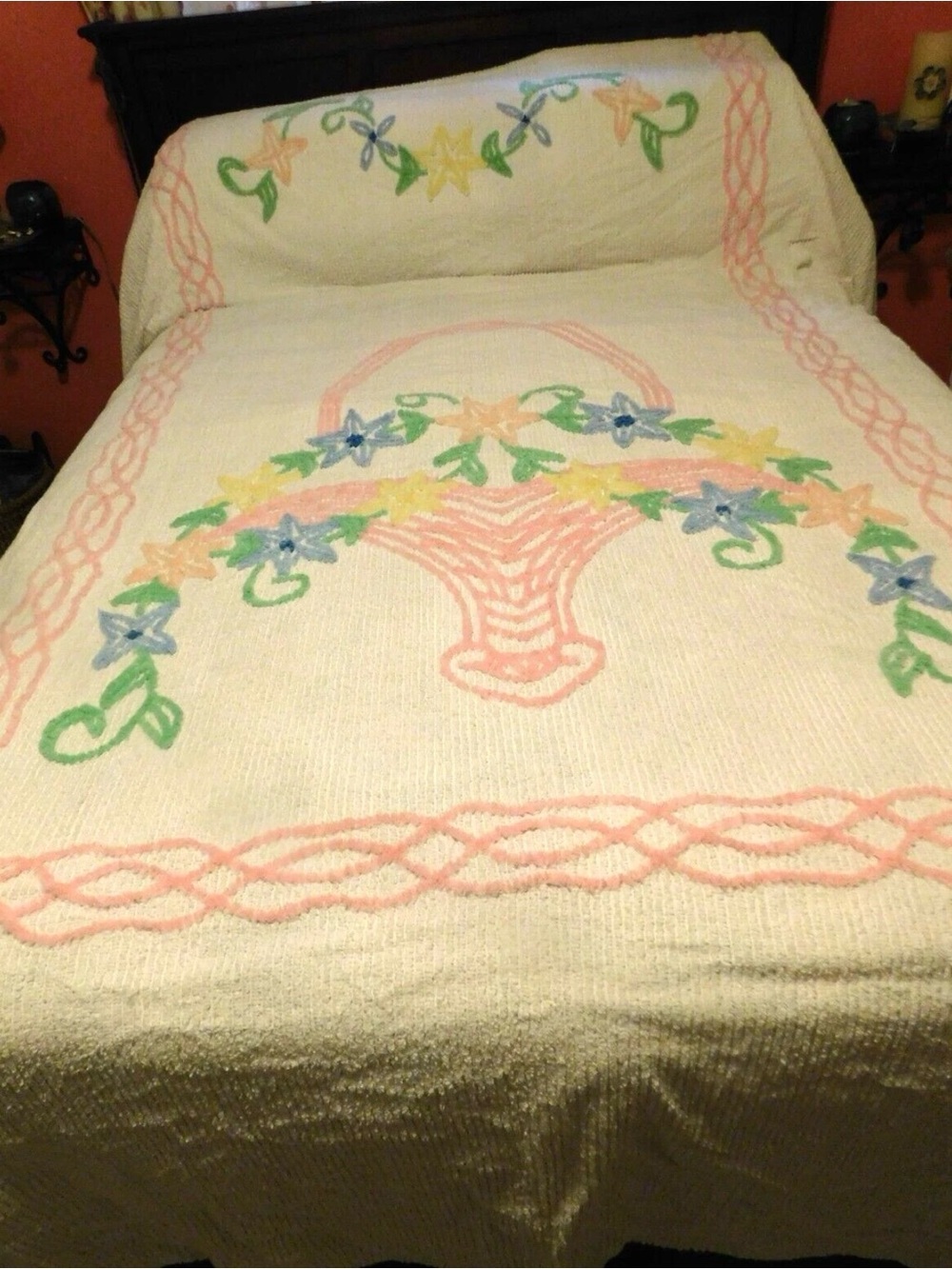 Cream Floral Basket Chenille Throw with Pastel Pink Accents
